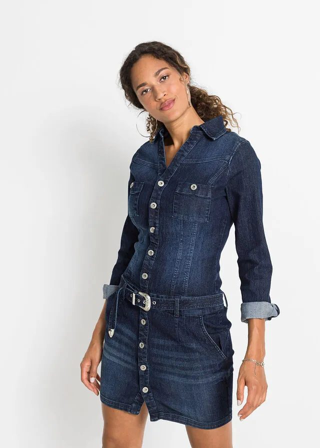 Vestido vaquero con cinturón Azul denim almirante sin lavado